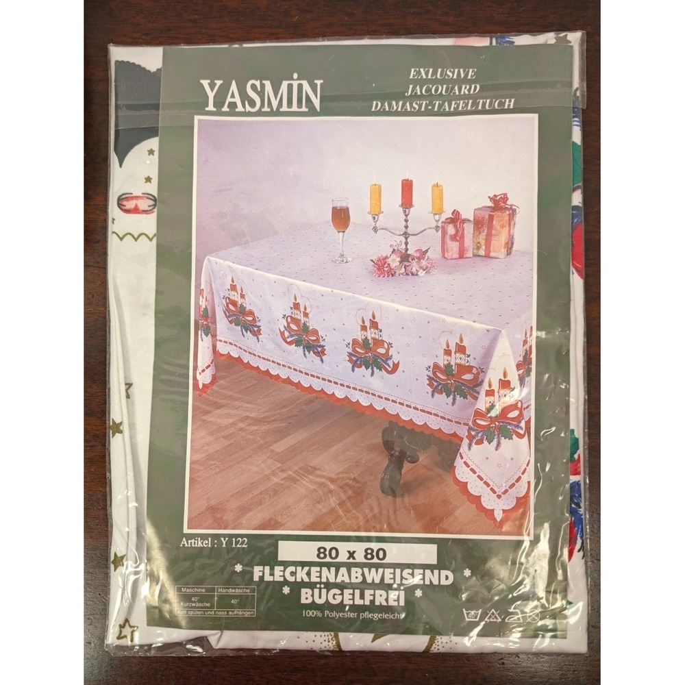 Vintage Yasmin Christmas Tablecloth Bows Candles Holiday Jacquard NOS